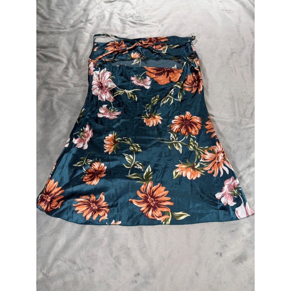 Womens Blue Green Satin Floral Summer Chemise Mini Dress Spaghetti Straps Sm